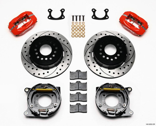 Brake System - Dynalite - Rear - 4 Piston Caliper - 12.19 in Drilled / Slotted Iron Rotor - Aluminum - Red Powder Coat - Small Ford - Kit Brake System - Dynalite - Rear - 4 Piston Caliper - 12.19 in Drilled / Slotted Iron Rotor - Aluminum - Red Powder Coat - Small Ford - Kit