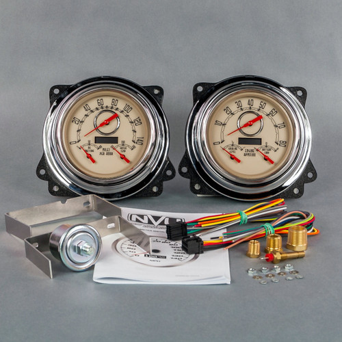 Gauge Kit - Woodward 3-N-1 - Analog - Fuel Level / Oil Pressure / Speedometer / Tachometer / Voltmeter / Water Temperature - 4-3/8 in Diameter - Beige Face - Chevy Truck 1947-53 - Kit