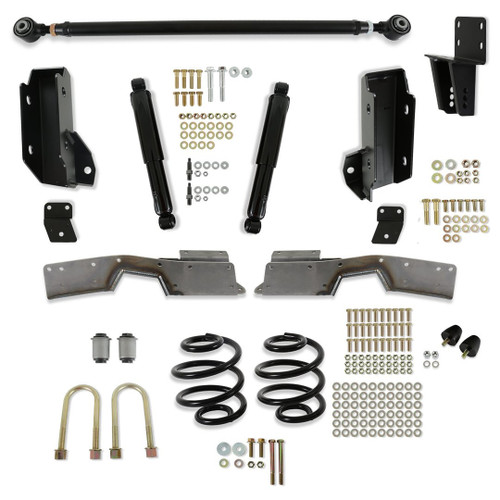 Rear Suspension Kit - 5-1/2 in Drop - Adjustable Track Bar / Brackets / Coil Springs / Shocks - Hardware Included - Steel - Black Powder Coat - GM Fullsize Truck 1967-72 - Kit