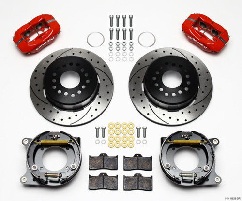 Brake System - Dynalite - Rear - 4 Piston Caliper - 12.19 in Drilled / Slotted Iron Rotor - Aluminum - Red Powder Coat - Chevy Corvette 1957-62 - Kit