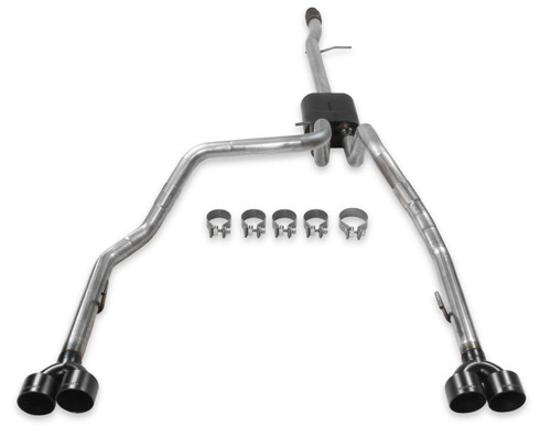 Exhaust System - American Thunder - Cat-Back - 3 in Diameter - Dual rear Exit - Dual 4 in Black Ceramic Tips - Stainless - Natural - 5.3 L - GM Fullsize Truck 2019-21 - Kit
