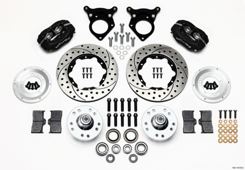 Brake System - Forged Dynalite Pro Series - Front - 4 Piston Caliper - 11.000 in Drilled / Slotted Iron Rotor - Offset - Aluminum - Black - Ford Mustang 1987-93 - Kit