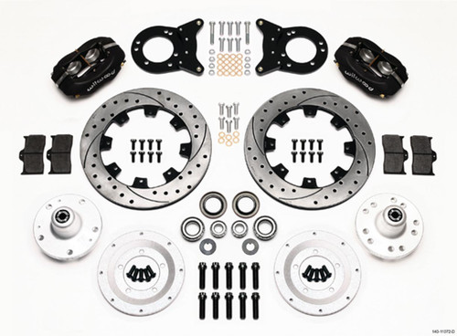 Brake System - Forged Dynalite Big Brake - Front - 4 Piston Caliper - 12.190 in Drilled / Slotted Rotor - Offset - Aluminum - Black - Ford Mustang 1965-70 - Kit