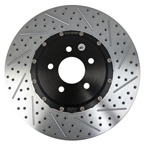 Brake Rotor - EradiSpeed + - Front - Directional / Drilled / Slotted - 15.000 in OD - 2-Piece - Iron - Zinc Plated - Ford Mustang 2015-16 - Pair