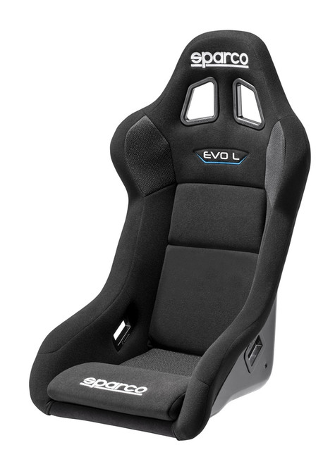 Seat - EVO Large QRt - Non-Reclining - FIA Approved - Side Bolsters - Harness Openings - Fiberglass Composite - Fire-Retardant Non-Slip Fabric - Black - Each