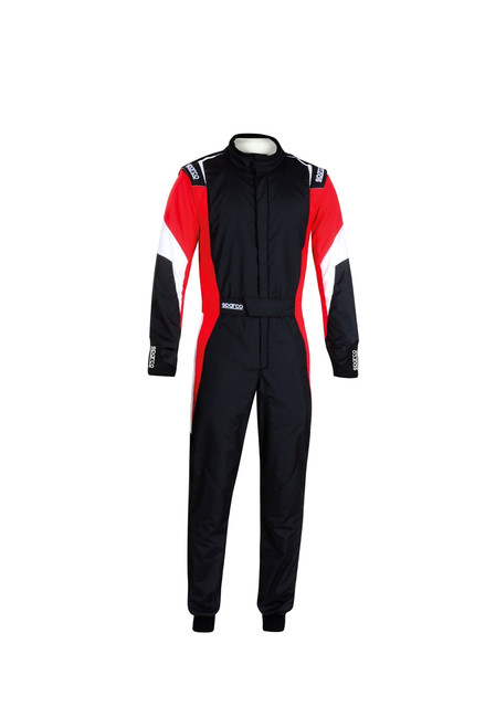 Driving Suit - Competition - 1-Piece - SFI 3.2A/5 - FIA Approved - Triple Layer - Fire Retardant Fabric - Black / Red - Size 58 - Large / X-Large - Each Driving Suit - Competition - 1-Piece - SFI 3.2A/5 - FIA Approved - Triple Layer - Fire Retardant Fabric - Black / Red - Size 58 - Large / X-Large - Each