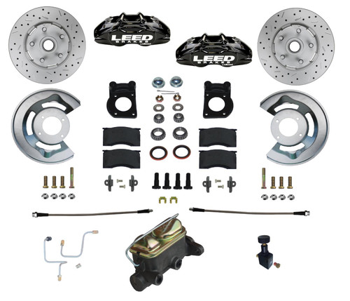 Brake System - MaxGrip Lite - Front - 4 Piston Caliper - 11.33 in Drilled / Slotted Rotor - Pads / Calipers / Dust Cap / Backing Plates / Master Cylinder / Proportioning Valve - Aluminum - Black Powder Coat - Ford Mustang 1965-66 - Kit