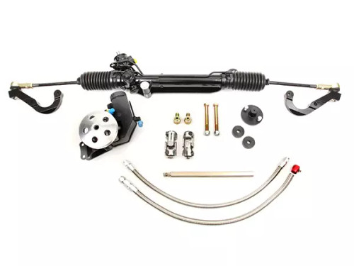 Rack and Pinion - Power - Tie Rods / Brackets / Power Steering Pump / Steering Shaft / Hardware Included - Aluminum - Black Powder Coat - GM F-Body 1967-69 - Kit