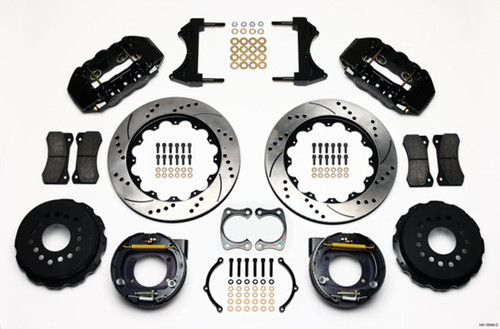 Brake System - AERO4 Big Brake - Rear - 4 Piston Caliper - 14.000 in Drilled / Slotted Iron Rotor - Aluminum - Black Powder Coat - Big Ford - Kit Brake System - AERO4 Big Brake - Rear - 4 Piston Caliper - 14.000 in Drilled / Slotted Iron Rotor - Aluminum - Black Powder Coat - Big Ford - Kit