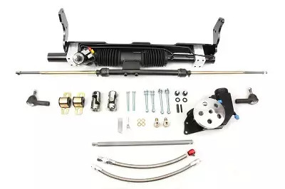 Rack and Pinion - Power - Tie Rods / Brackets / Power Steering Pump / Steering Shaft / Hardware Included - Aluminum - Black Powder Coat - GM B-Body 1958-64 - Kit