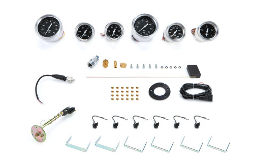 Gauge Kit - Hot Rod - Electric - Analog - Full Sweep - Fuel Level / Oil Pressure / Water Temp / Voltmeter / Tachometer / Speedometer - 2-5/8 in Diameter - Aluminum Bezel - Black Face - Kit