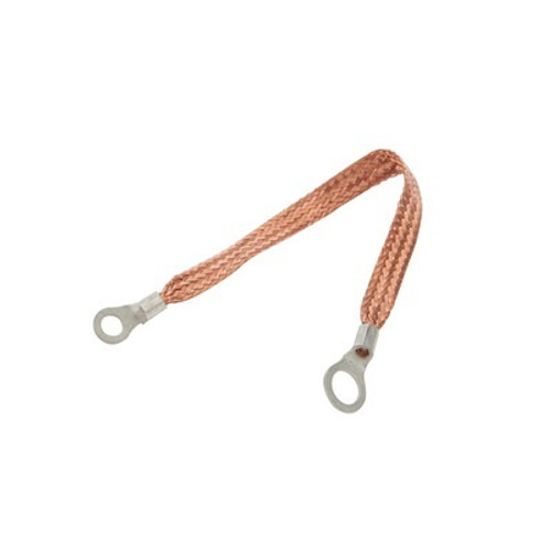 Ground Strap - Flat Braided - 14 Gauge - 24 in Long - 1/4 in Wide - 3/8 in Ring Terminals - Braided Copper - Natural - Each Ground Strap - Flat Braided - 14 Gauge - 24 in Long - 1/4 in Wide - 3/8 in Ring Terminals - Braided Copper - Natural - Each