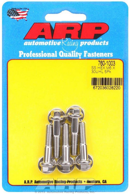 Bolt - 6 mm x 1.00 Thread - 30 mm Long - 8 mm Hex Head - Stainless - Polished - Universal - Set of 5