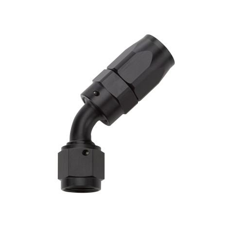 Fitting - Hose End - 45 Degree - 6 AN Hose to 6 AN Female Swivel - Aluminum - Black Anodized - Each Fitting - Hose End - 45 Degree - 6 AN Hose to 6 AN Female Swivel - Aluminum - Black Anodized - Each