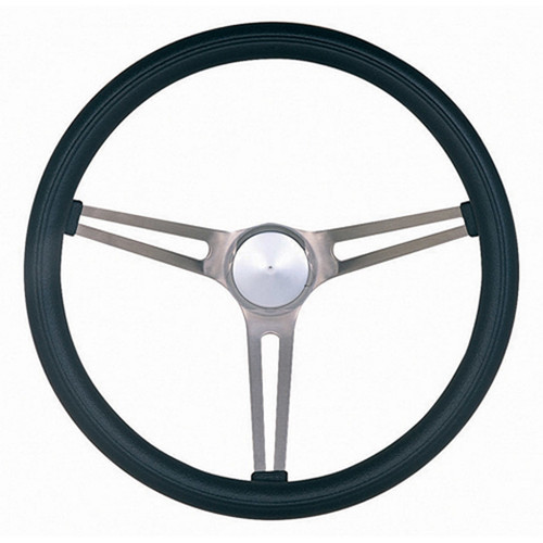 Steering Wheel - Classic Nostalgia - 15 in Diameter - 4.125 in Dish - 3-Spoke - Black Foam Grip - Stainless - Brushed - Each