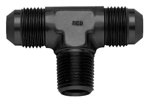 Fitting - Adapter Tee - 10 AN Male x 1/2 in NPT Male x 10 AN Male - Aluminum - Black Anodized - Each