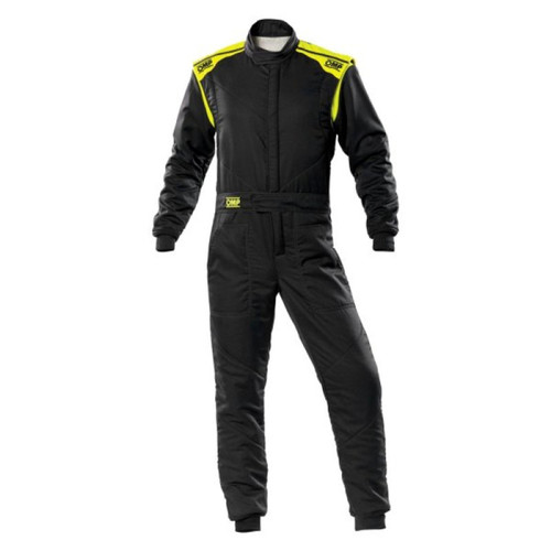 Suit - First-S - Driving - 1-Piece - SFI 3.2A/5 - FIA Approved - Double Layer - Fire Retardant Fabric - Black / Fluorescent Yellow - Size 52 - Medium/Large - Each