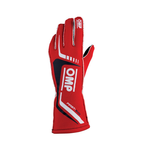 Driving Gloves - First EVO - FIA Approved - Single Layer - Fire Retardant Fabric - Red - Black / White Stripe - Medium - Pair