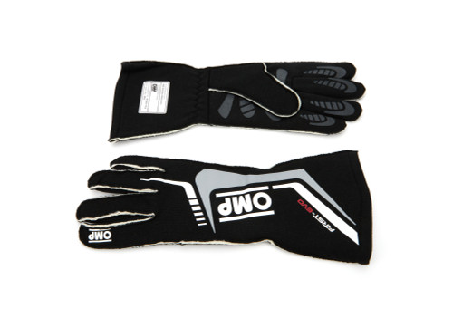 Driving Gloves - First EVO - FIA Approved - Single Layer - Fire Retardant Fabric - Black - Gray / White Stripe - Large - Pair