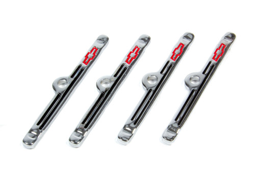 Valve Cover Hold Down Tabs - Chevy Bowtie Logo - Steel - Chrome - Small Block Chevy / V6 - Set of 4