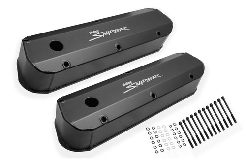 Valve Cover - Sniper - Tall - Baffled - Breather Holes - Sniper Logo - Fabricated Aluminum - Black Powder Coat - Small Block Ford - Pair