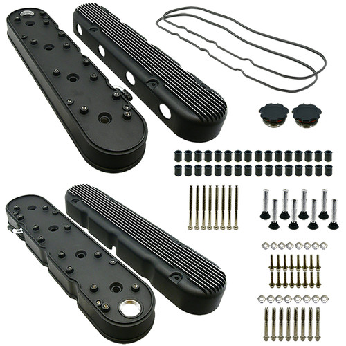 Valve Cover - Tall - Finned - Baffled - Coil Stands - Coil Covers Included - Aluminum - Black Paint - GM LS-Series - Pair