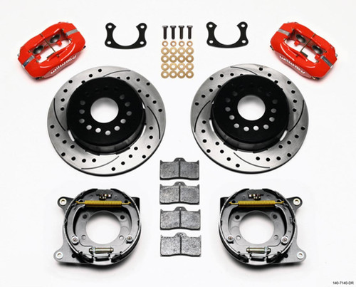 Brake System - Dynalite - Rear - 4 Piston Caliper - 12.000 in Drilled / Slotted Iron Rotor - Offset Hat / Parking Brake - Aluminum - Red Powder Coat - Big Ford - Kit