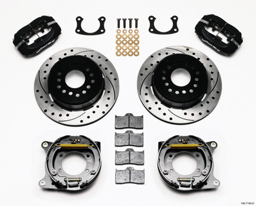 Brake System - Dynalite - Rear - 4 Piston Caliper - 12.000 in Drilled / Slotted Iron Rotor - Offset Hat / Parking Brake - Aluminum - Black Powder Coat - Big Ford - Kit
