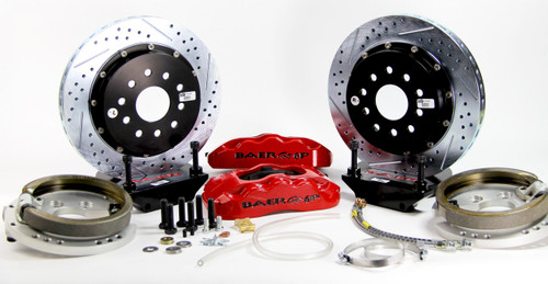 Brake System - Pro-Plus - Rear - 6 Piston Caliper - 14 in Drilled / Slotted Iron Rotor - 2-Piece Rotor - Aluminum - Red Powder Coat - Ford - Kit