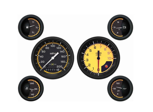 Gauge Kit - Auto Cross - Fuel Level / Oil Pressure / Speedometer / Tachometer / Voltmeter / Water Temperature - Black / Yellow Face - Kit Gauge Kit - Auto Cross - Fuel Level / Oil Pressure / Speedometer / Tachometer / Voltmeter / Water Temperature - Black / Yellow Face - Kit