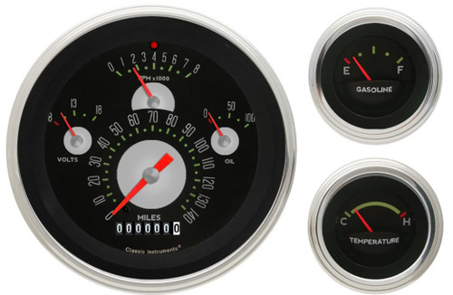 Gauge Kit - 1957 Chevy Package - Analog - Fuel Level / Oil Pressure / Speedometer / Tachometer / Voltmeter / Water Temperature - Black Face - Kit Gauge Kit - 1957 Chevy Package - Analog - Fuel Level / Oil Pressure / Speedometer / Tachometer / Voltmeter / Water Temperature - Black Face - Kit