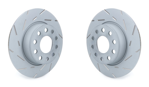 Brake Rotor - USR Series - Rear - Directional / Dimpled / Slotted - 10.700 in OD - Iron - Gray Paint - Audi 2010-24 / Volkswagen 2010-22 - Pair
