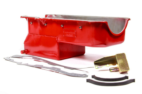 Engine Oil Pan - Econo-Series - Rear Sump - 7 qt - 8 in Deep - Pickup / Gasket Included - Steel - Red Paint - 1 Piece Seal - Small Block Chevy - Kit