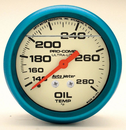 Oil Temperature Gauge - Ultra-Nite - 140-280 Degree F - Mechanical - Analog - 2-5/8 in Diameter - Liquid Filled - White Face - Each