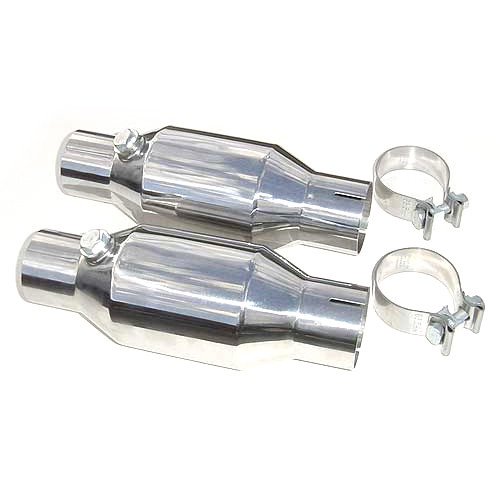 Catalytic Converter - High Flow Mini-Cat Kit - 2.5 in Inlet - 2.5 in Outlet - Round - 11 in Long - Clamps Included - Stainless - Polished - Pair