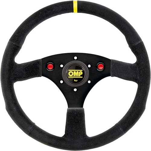 Steering Wheel - 320 ALU SP - 320 mm Diameter - Flat - 3-Spoke - Black Suede Grip - Yellow Stripe - Aluminum - Black Anodized - Each