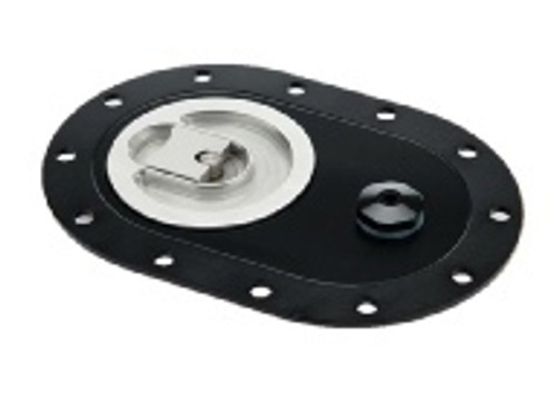 Fuel Cell Filler Plate - Aircraft Cap - 4 x 6 in Oval - 12-Bolt Flange - 12 AN Vent - Aluminum - Black Anodized - Each