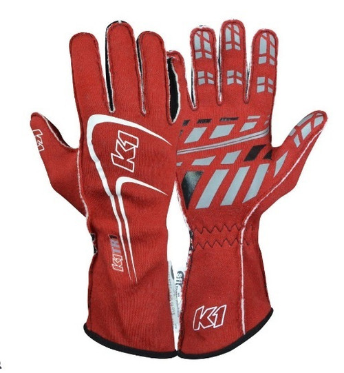 Driving Gloves - Track1 - SFI 3.3/5 - Double Layer - Nomex - Elastic Cuff - Red - Medium - Pair