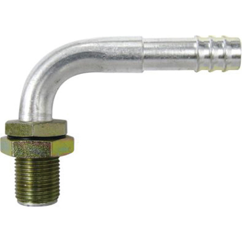 Fitting - Bulkhead - 90 Degree - 5/8 in Hose Barb to 10 AN Male O-Ring Bulkhead - Steel - Zinc Oxide - Each