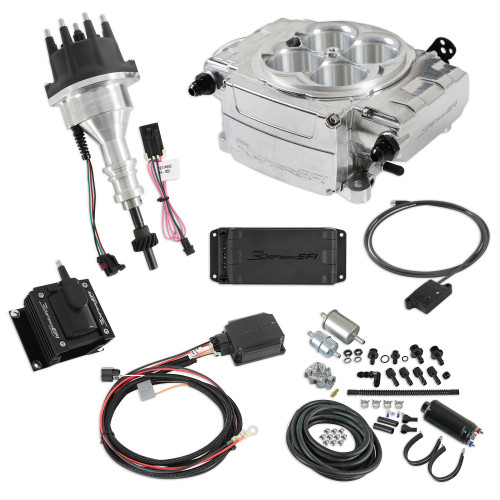 Fuel Injection - Sniper 2 EFI - Throttle Body - Square Bore - Computer / Distributor / Fuel Pump / Fuel Pressure Regulator / Fittings / Ignition Coil / Wiring - Silver - Small Block Ford - Kit