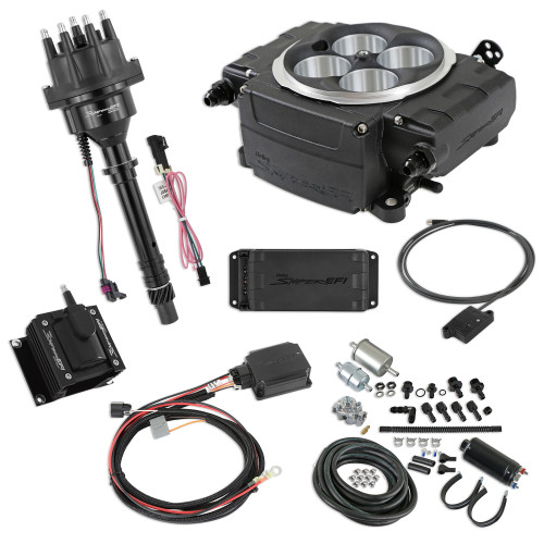 Fuel Injection - Sniper 2 EFI - Throttle Body - Square Bore - Computer / Distributor / Fuel Pump / Fuel Pressure Regulator / Fittings / Ignition Coil / Wiring - Black - Small Block Chevy - Kit