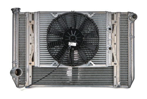 Radiator and Fan - 28.875 in W x 18 in H x 2 in D - Triple Pass - Driver Side Inlet - Passenger Side Outlet - Aluminum - Natural - Ford - Super Late Model - Kit