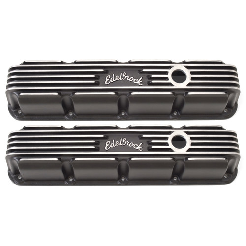 Valve Cover - Classic - Tall - Finned - Breather Hole - Edelbrock Logo - Aluminum - Black Powder Coat - Small Block Mopar - Pair