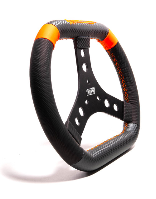Steering Wheel - Karting / Quarter Midget / Mini Outlaw - 11.75 in Diameter - 0.75 in Dish - 3-Spoke - Black Synthetic Grip - Orange Stripes - Aluminum - Black Anodized - Each