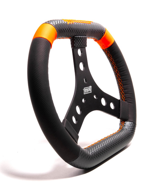 Steering Wheel - Karting / Quarter Midget / Mini Outlaw - 12.75 in Diameter - 0.75 in Dish - 3-Spoke - Black Synthetic Grip - Orange Stripes - Aluminum - Black Anodized - Each Steering Wheel - Karting / Quarter Midget / Mini Outlaw - 12.75 in Diameter - 0.75 in Dish - 3-Spoke - Black Synthetic Grip - Orange Stripes - Aluminum - Black Anodized - Each