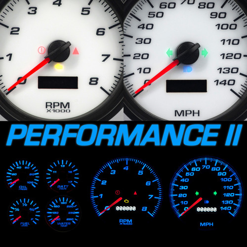Gauge Kit - Performance II - Analog - Fuel Level / Oil Pressure / Water Temperature / Voltmeter / Tachometer / Speedometer - White Face - GM Fullsize Truck 1995-98 - Kit