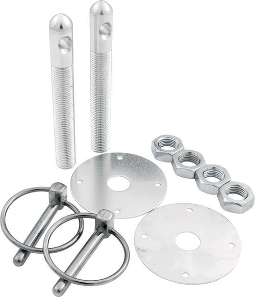 Hood Pin - 0.5 in OD x 4 in Long - 2.25 in OD Scuff Plates - 0.25 in Torsion Clips - Hardware Included - Aluminum - Clear Anodized - Kit