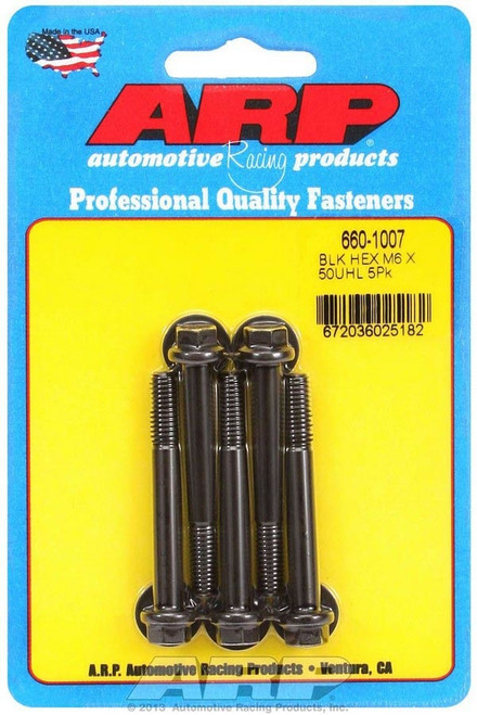 Bolt - 6 mm x 1.00 in Thread - 50 mm Long - 8 mm Hex Head - Chromoly - Black Oxide - Universal - Set of 5 Bolt - 6 mm x 1.00 in Thread - 50 mm Long - 8 mm Hex Head - Chromoly - Black Oxide - Universal - Set of 5