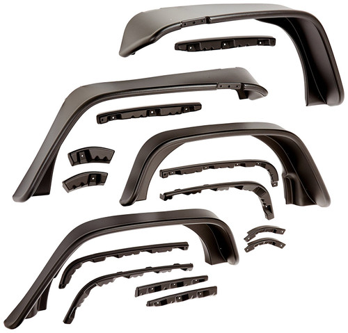 Fender Flare - Flat Style - Front / Rear - 9.5 in Wide Front - 4.75 in Wide Rear - Plastic - Black - 4-Door - Jeep Wrangler JK 2007-14 - Kit