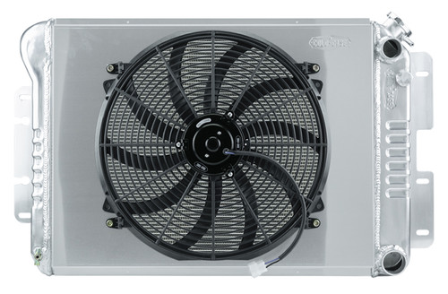 Radiator and Fan - 30 in W x 19 in H x 6.75 in D - Passenger Side Inlet - Passenger Side Outlet - Aluminum - Polished - GM LS-Series - GM F-Body 1967-69 - Kit
